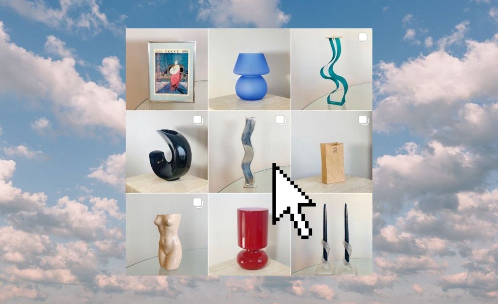 A vintage reseller Instagram grid with a computer pointer against a background of clouds