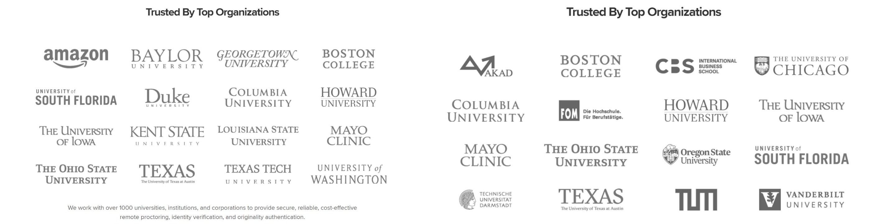 Screenshots showing a list of university logos on the Proctorio website