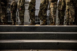 Members of the National Guard stand in a line in Washington, D.C.