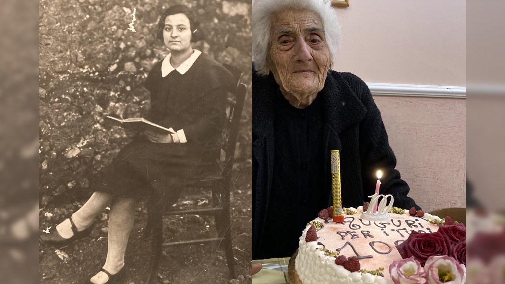 Alfia Distefano. Left: black and white picture of young Alfia reading a book. Right: Alfia and her 100-year birthday cake.