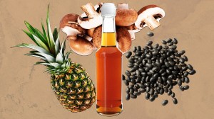 a collage showing a bottle of fish sauce surrounded by a pineapple, black beans, and mushrooms, which are used for making vegan fish sauce