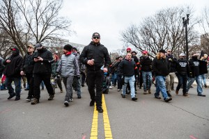 Ethan Nordean, center, marches with pro-Trump protesters in front of the Capitol Building on January 6, 2021 in Washington, DC.