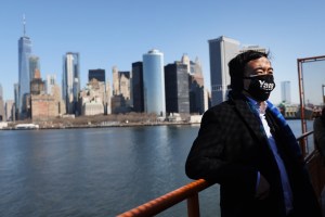 Andrew Yang, who is currently leading the contenders in his Democratic primary run for mayor of New York City, rides the Staten Island Ferry during a campaign stop to the borough on February 26, 2021 in New York City.