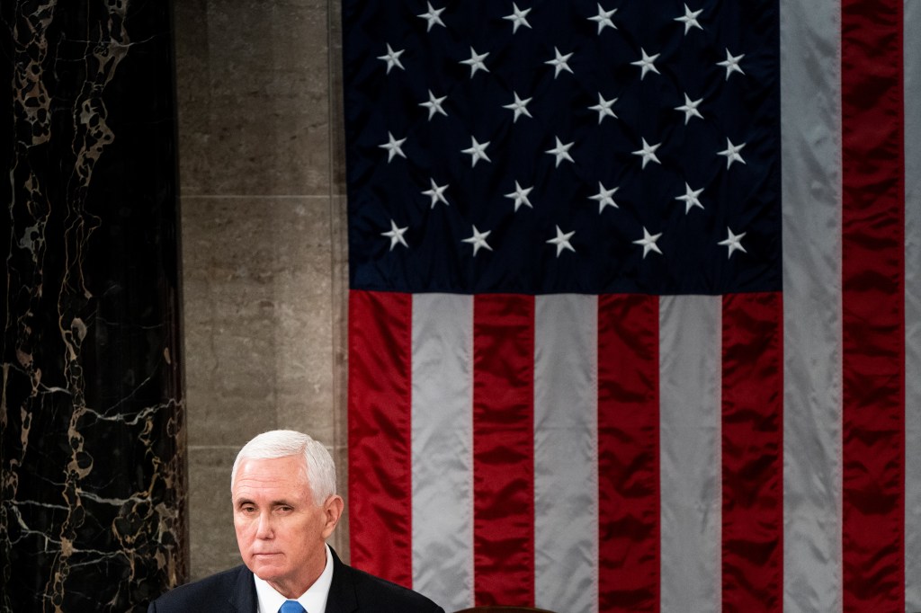 U.S. Vice President Mike Pence presides over a joint session of Congress to certify the 2020 Electoral College results on January 6, 2021 in Washington, DC.