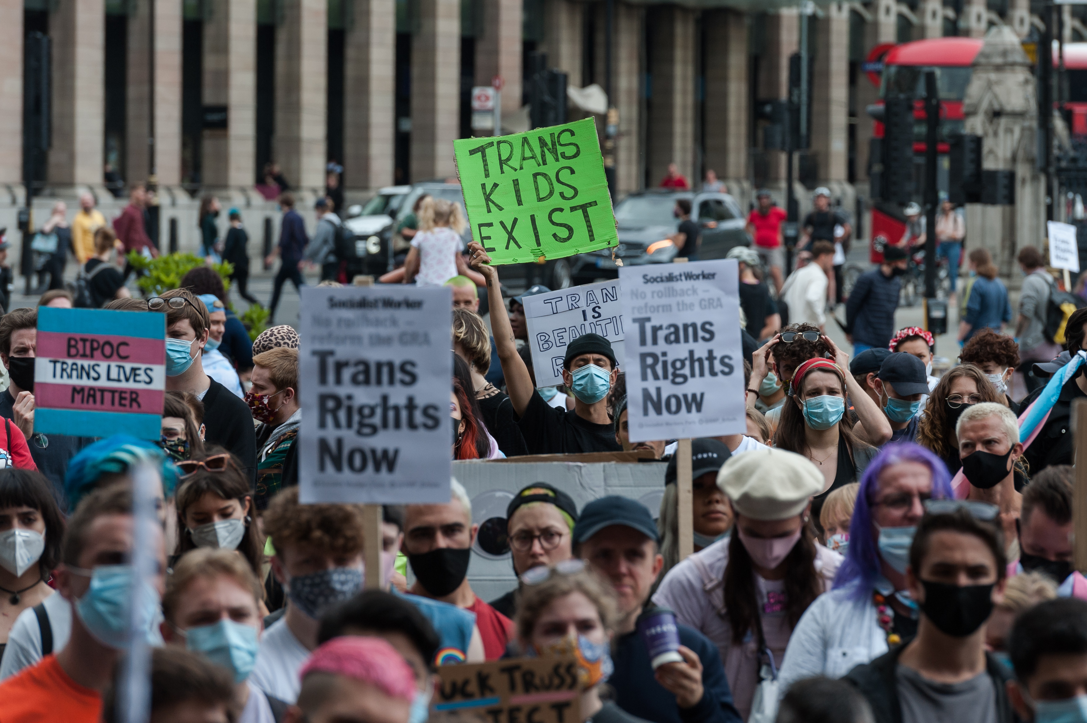 People take part in a trans rights protest in London in July 2020. Photo: WIktor Szymanowicz/NurPhoto via Getty Images