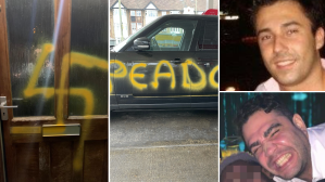 Tim Lalic (top right) and  Vahram Papazyan, co-owners of The Scotch of St. James nightclub, and offensive graffiti allegedly daubed on  Lalic's Range Rover and parents' front door.