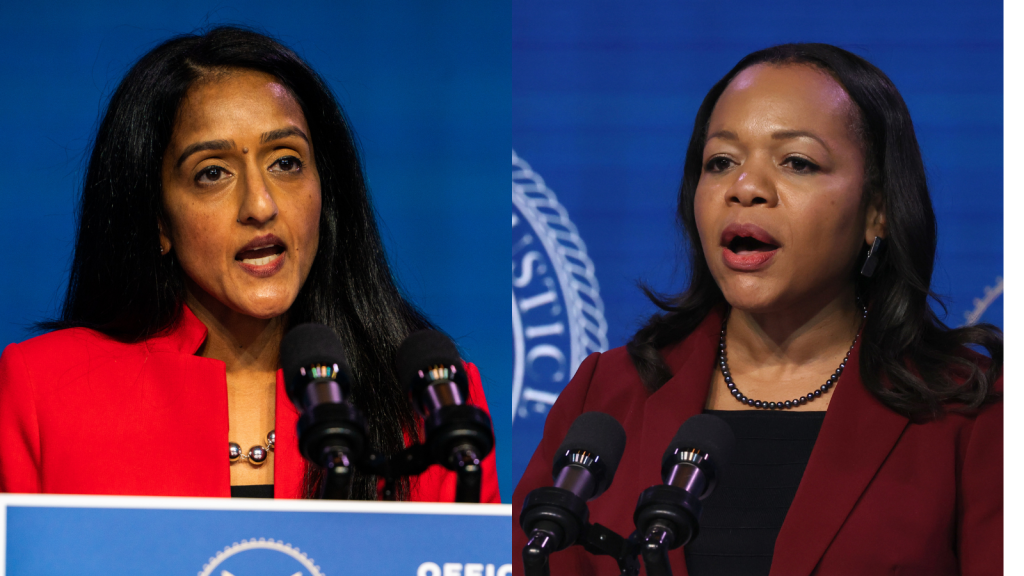 Left: Vanita Gupta (Photo by Demetrius Freeman/The Washington Post via Getty Images). Right: Kristen Clarke (Photo by Chip Somodevilla/Getty Images)