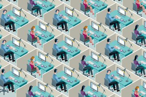 A cartoon shows a top-down view of rows of cubicle workers.