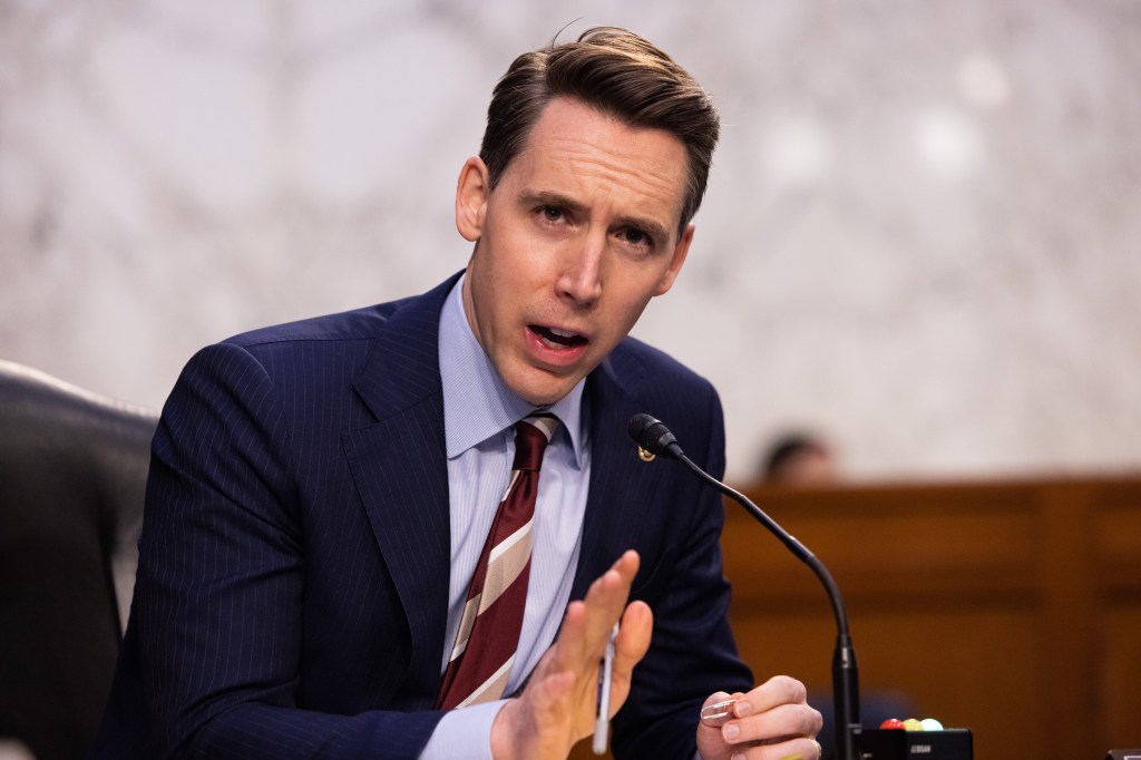 U.S. Sen. Joshua Hawley (R-MO) speaks as FBI Director Christopher Wray testifies before the Senate Judiciary Committee about the January 6th attack on the U.S. Capitol in the Hart Senate Office Building on Capitol Hill on March 2, 2021 in Washington, DC.