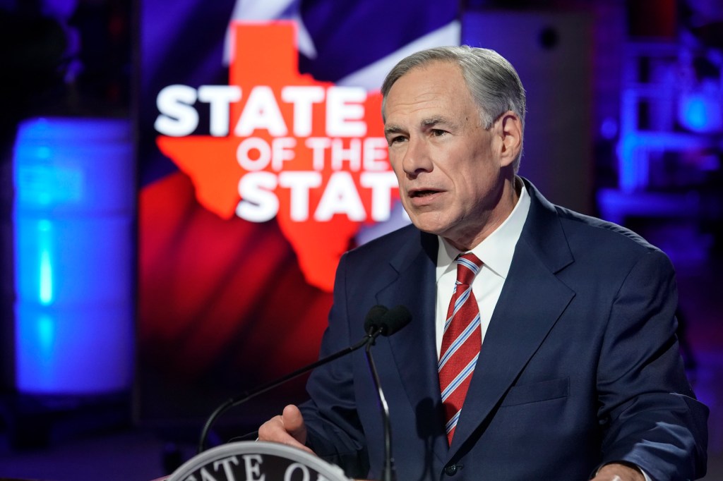 Texas Gov. Greg Abbott prepares to deliver his State of the State speech on Monday, Feb. 1, 2021, in Lockhart, Texas.