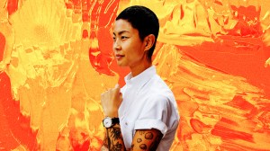 Photo of Kristen Kish against a yellow and orange background