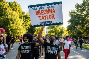 Protesters demonstrate outside Churchill Downs as part of the "No Justice, No Derby Protest" on September 5 2020, the day of the Kentucky Derby in Louisville, Kentucky (Chris Tuite/ImageSPACE/MediaPunch /IPX)