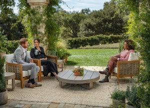 In this handout image provided by Harpo Productions and released on March 5, 2021, Oprah Winfrey interviews Prince Harry and Meghan Markle on A CBS Primetime Special premiering on CBS on March 7, 2021.