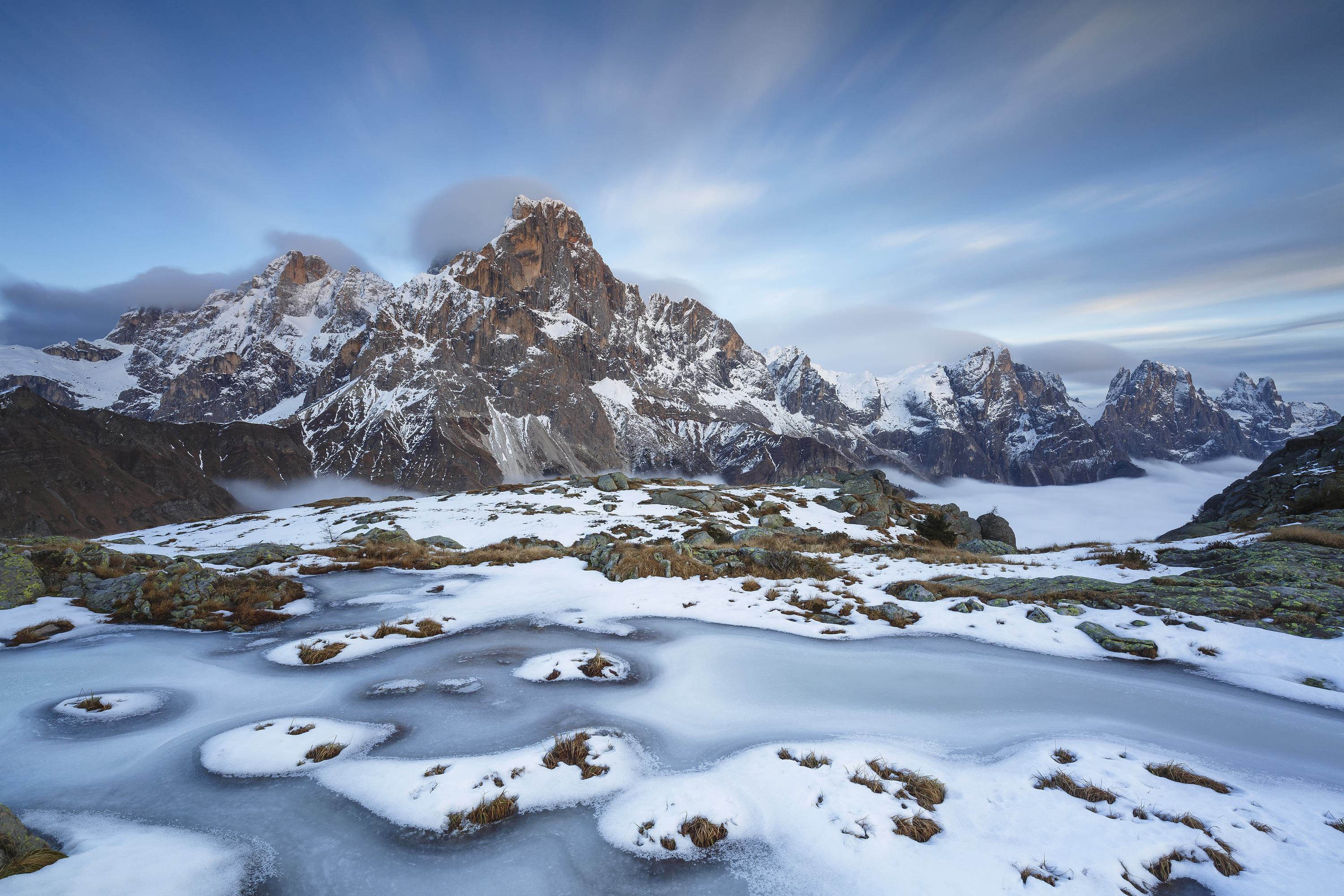 Mount Cavallazza, Paneveggio-Pale San Martino Natural Park, Italy coated in the snow.