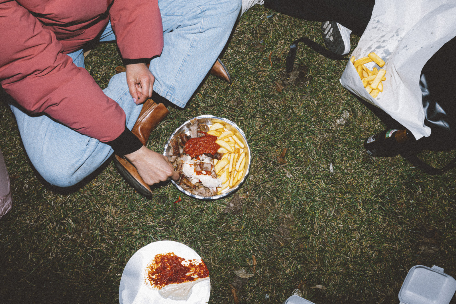 Dönerteller und Pommes im Park