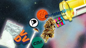 In het universum tuimelen drugs en logo's van