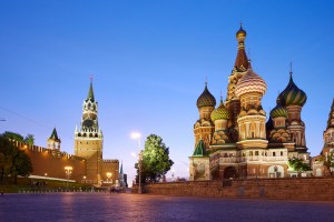 The buildings located on the Red Square: Kremlin wall (at left) and Saint Basil's Cathedral (at right), Moscow, Russia.