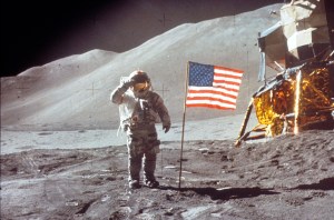 Astronaut David Scott gives salute beside the U.S. flag July 30, 1971 on the moon during the Apollo 15 mission. (Photo by NASA/Liaison)