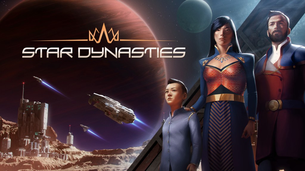 Key art from 'Star Dynasties', A family dressed in futuristic aristocratic clothing look sternly at the viewer as a planet and spaceships loom on the horizon