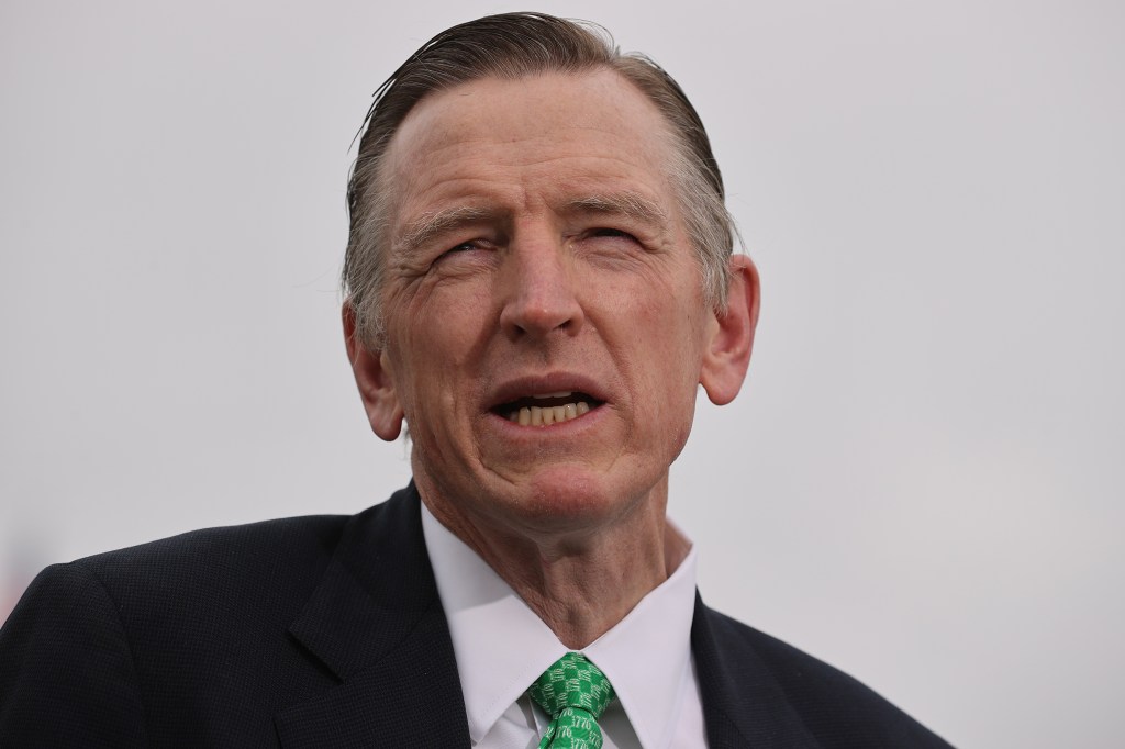 Rep. Paul Gosar (R-AZ) speaks during a news conference with members of the House Freedom Caucus about immigration on the U.S.-Mexico border outside the U.S. Capitol on March 17, 2021 in Washington, DC.