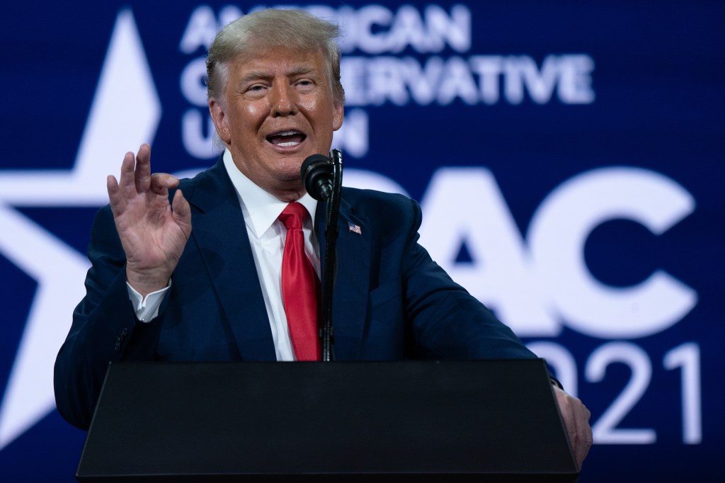 Former U.S. President Donald Trump speaks during the Conservative Political Action Conference (CPAC) in Orlando, Florida, U.S., on Sunday, Feb. 28, 2021.