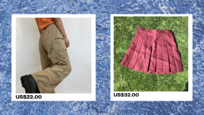 A pair of khaki cargo pants and a pink tennis skirt set against a dappled blue background