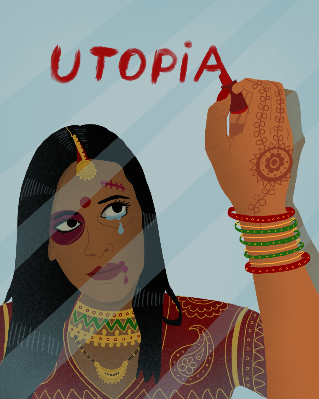 A woman wearimg Indian Bridal attire with a black eye writes 'UTOPIA' on a mirror with her red lipstick