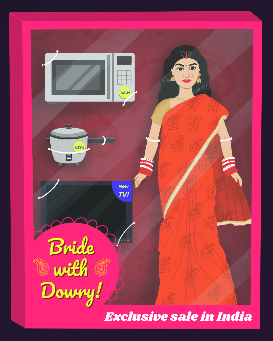 Artwork of a woman in a red saree next to a TV, microwave, and pressure cooker. Below it reads