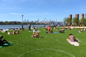 People physically distancing in new york city