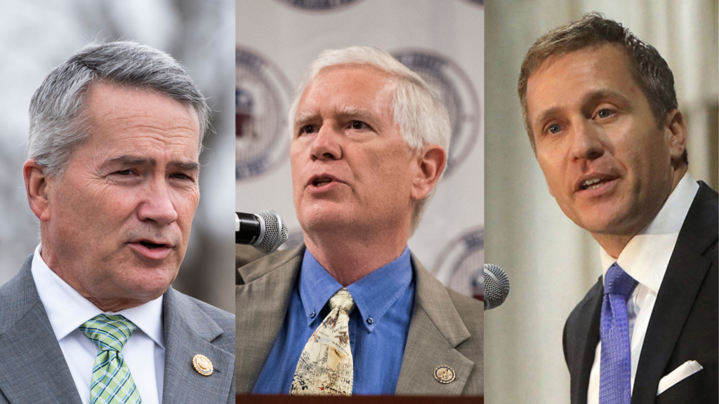 Rep. Jody Hice, R-Ga. in 2021 (Bill Clark/CQ-Roll Call, Inc via Getty Images) /  GOP candidate for U.S. Senate Rep. Mo Brooks, R-Ala. in 2017 (Bill Clark/CQ Roll Call) /  Former Gov. Eric Greitens in 2018 (Laurie Skrivan/St. Louis Post-Dispatch/Tribune Ne