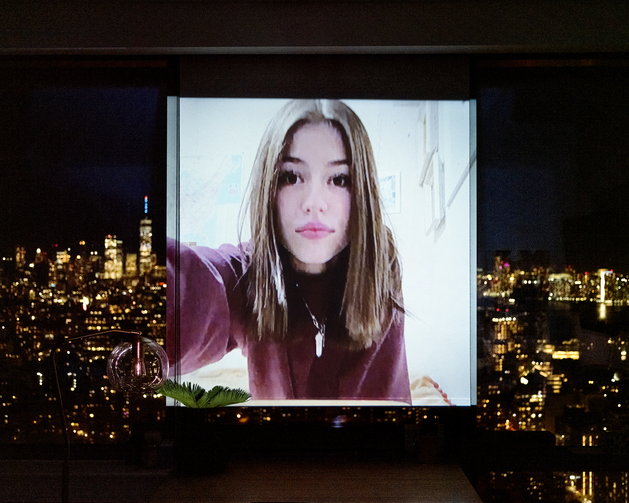 Ein Webcam-Screenshot von einer jungen Frau mit dunkelblonden Haaren vor einer Skyline