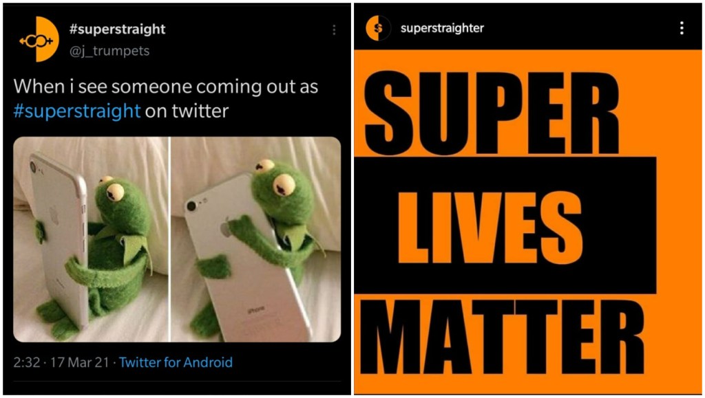 A twitter screenshot of a Super Straight twitter account next to a screenshot of a Supe