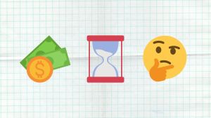 Money, an hourglass, and a skeptical face represent waiting for an EIP