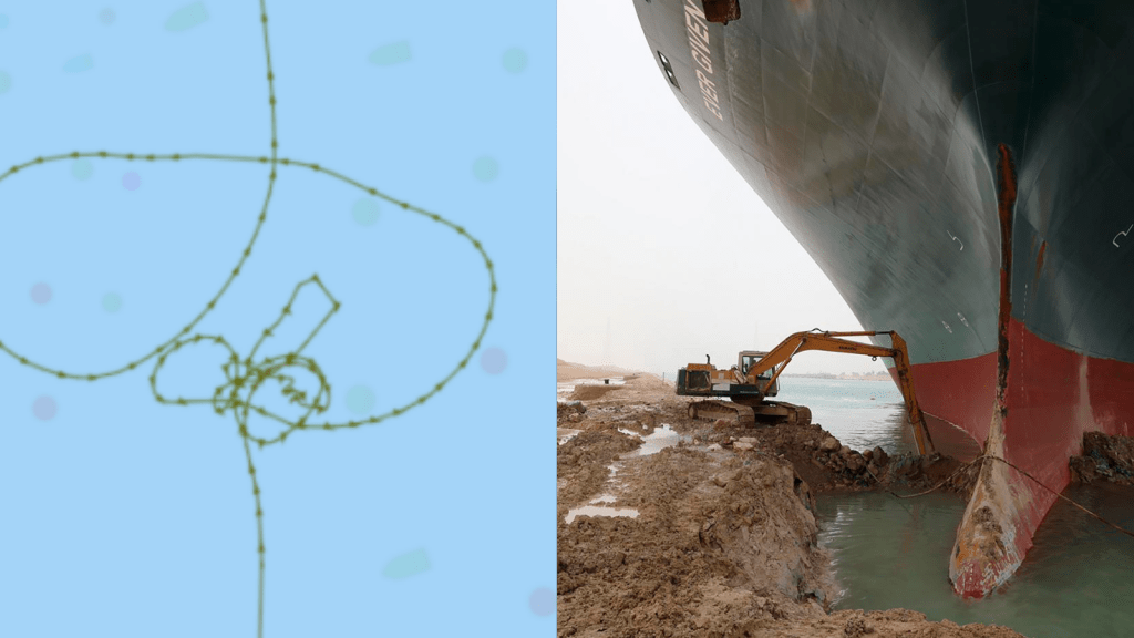 On the left, a map of the route that the Ever Given Ship took. On the right,  picture from released by the Suez Canal Authority on Thursday, March 25, 2021, showing a backhoe trying to dig out the keel of the Ever Given.