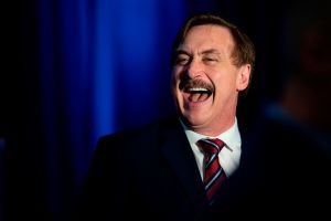 My Pillow CEO Michael Lindell laughs during a "Keep Iowa Great" press conference in Des Moines, IA, on February 3, 2020.