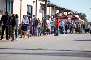 People wait in line to vote at Tarrant County Elections Center on the last day of early voting on October 29, 2020 in Fort Worth, Texas