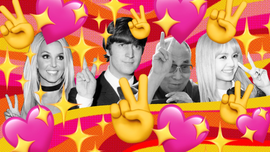 From left to right: Britney Spears, John Lennon, Dalai Lama, Lisa Manoban making the 'V' or peace sign