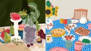 a side-by-side image of two food-themed still life illustrations by artists zena kay and tess smith-roberts of the still here still life challenge