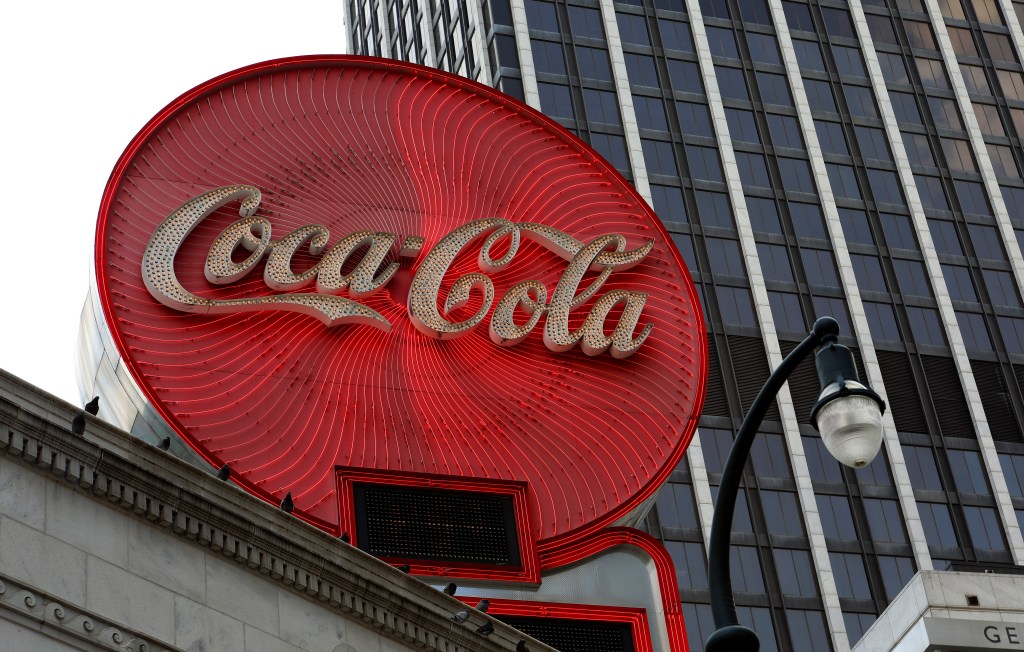 Coca-Cola signage atop the Olympia Building downtown in Atlanta, Georgia on July 27, 2019.