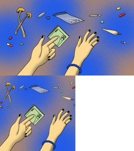 An illustration of hands reaching for drugs and holding cash.