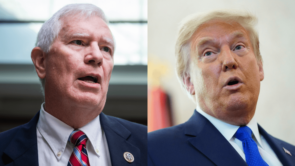 Rep. Mo Brooks, R-Ala., talks with reporters in the Capitol Visitor Center, Oct. 23, 2019 (Tom Williams/CQ Roll Call via AP Images) / President Donald Trump speaks after awarding the Presidential Medal of Freedom, Dec. 7, 2020 (AP Photo/Patrick Semansky)