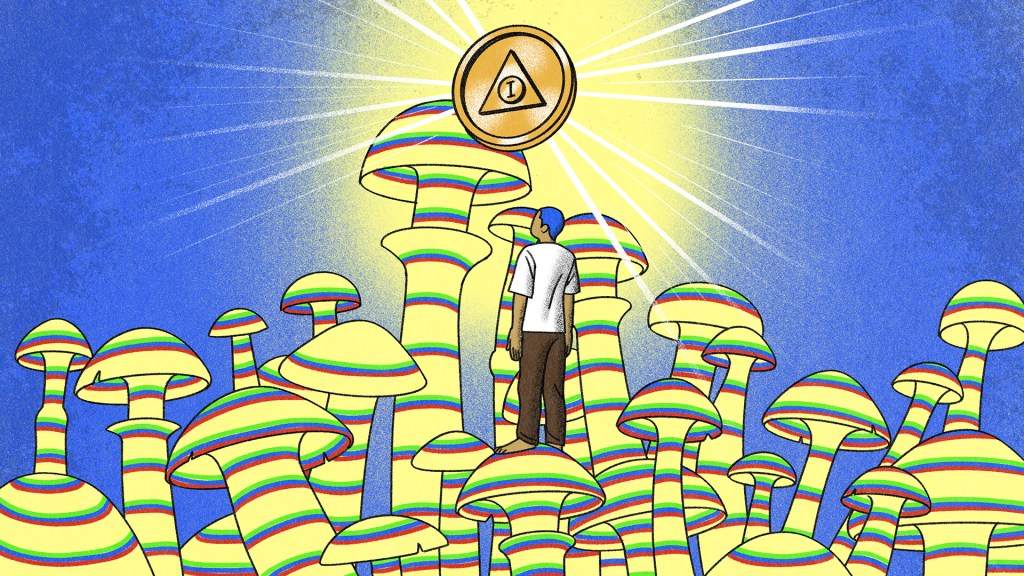 Man stands on mushrooms and looks up at an AA token.