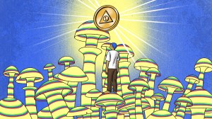 Man stands on mushrooms and looks up at an AA token.