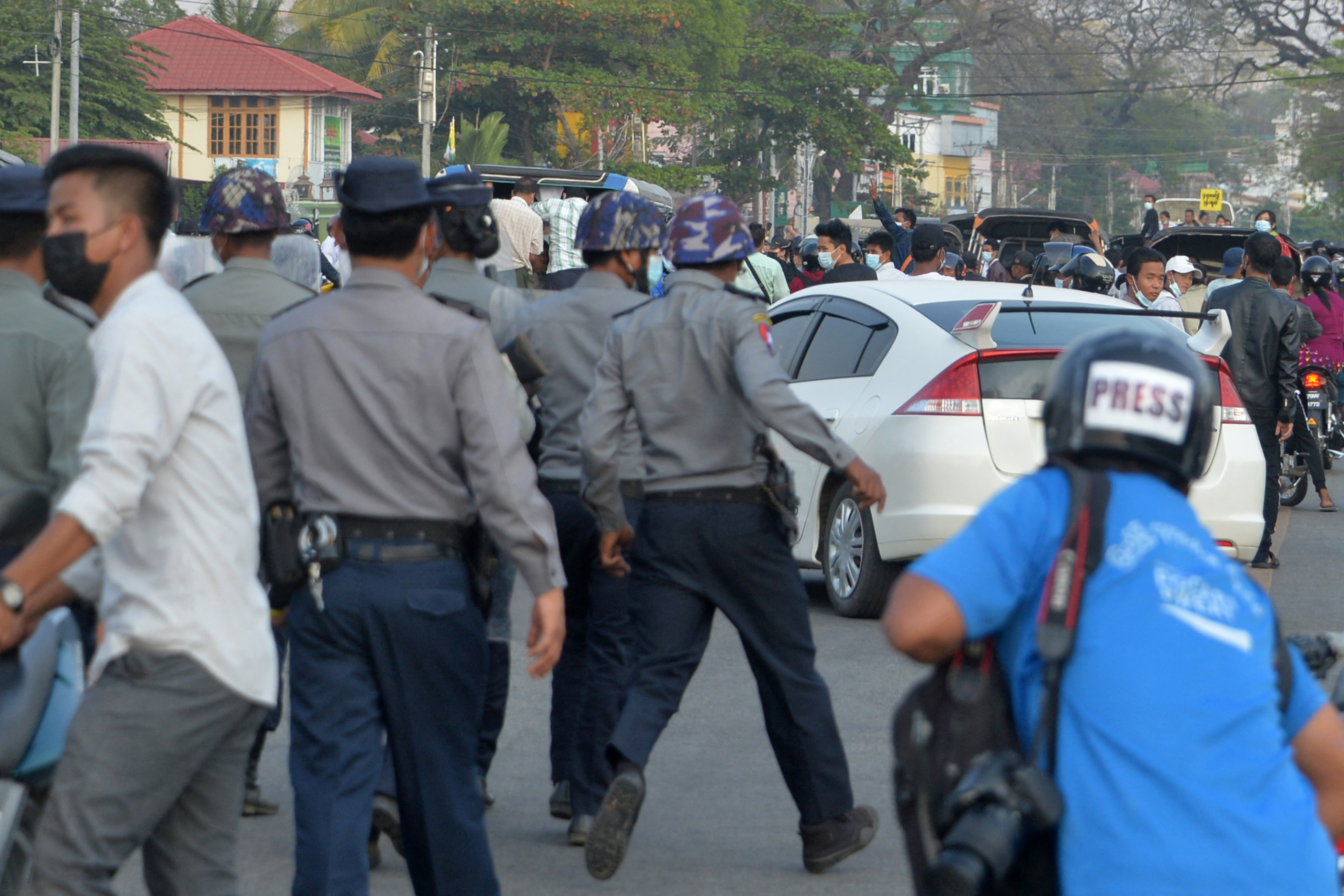 A demonstration unfolds in Naypyidaw. PHOTO: AFP