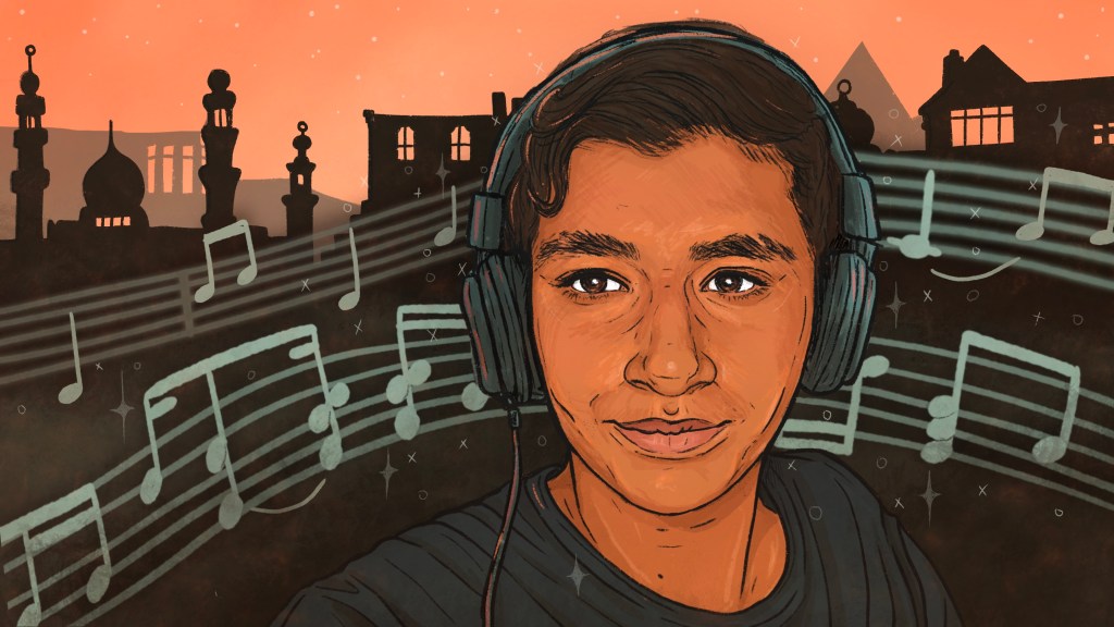 Ilustrasi lelaki mengenakan headset dengan tangga nada