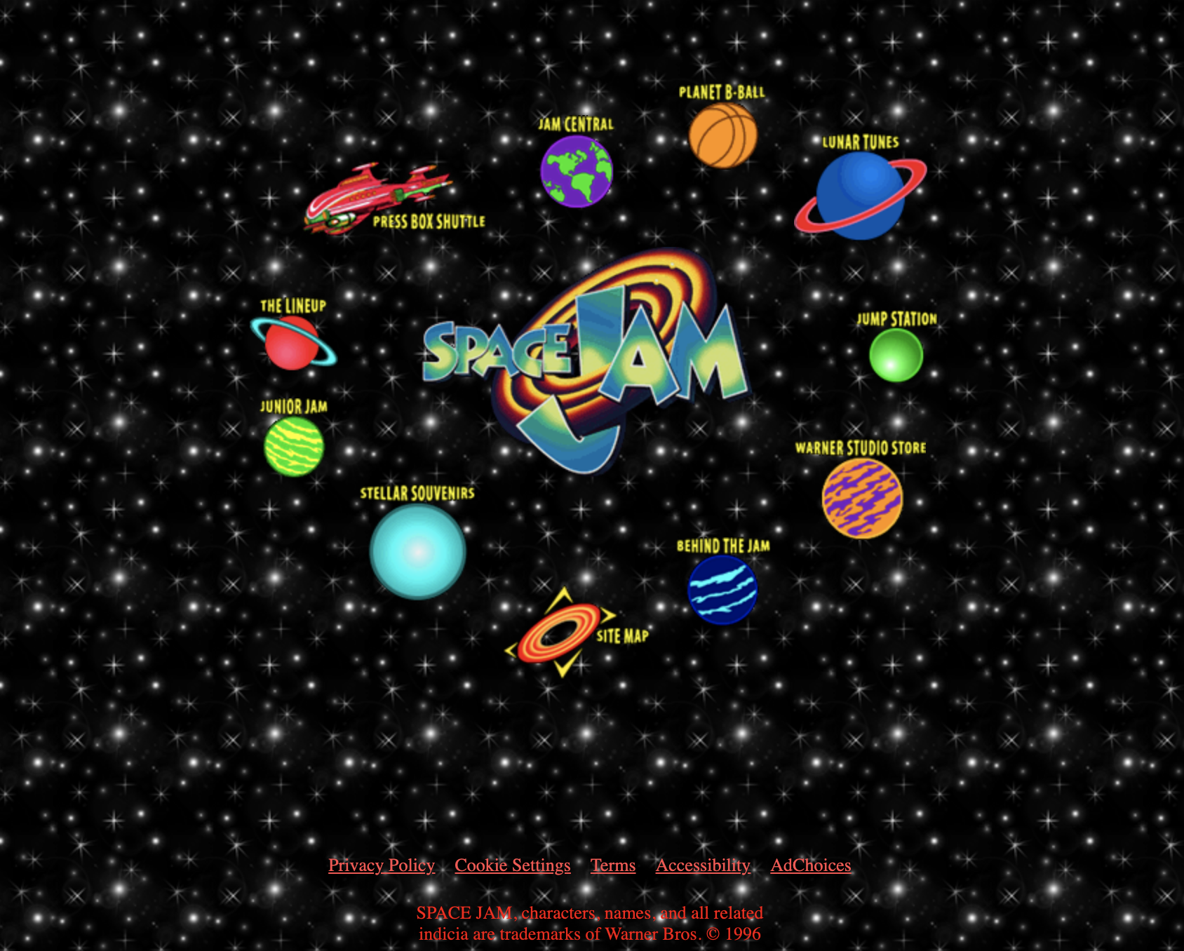 The Space Jam website from 1996, with a black star background and planets