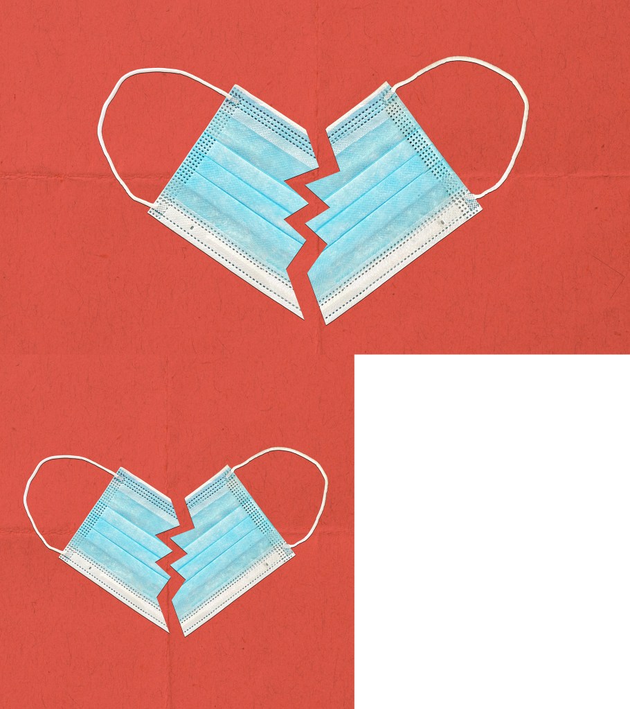 Surgical mask in the shape of a heart breaking on a red background