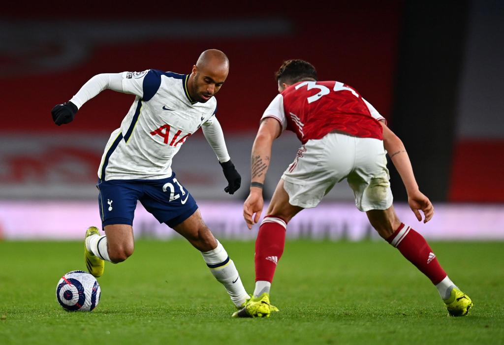 Tottenham Hotspur's Lucas Moura (left) takes on Arsenal's Granit Xhaka during a Premier League match at Emirates Stadium, London. The two clubs are involved in controversial plans to league an NFL-style European "Super League". Photo: PA Images / Alamy St