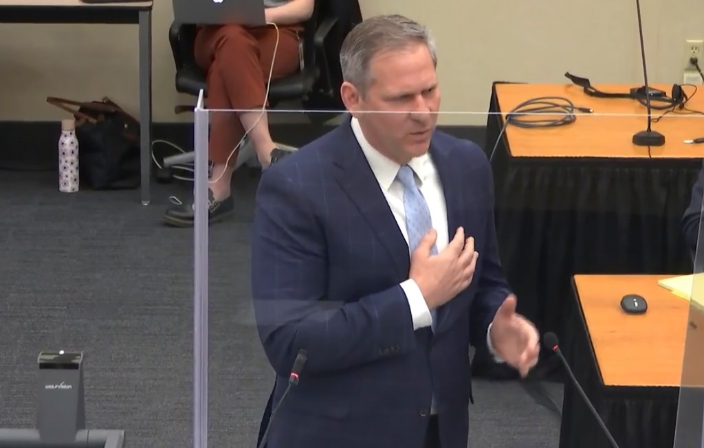 In this image from video, prosecutor Steve Schleicher gives closing arguments as Hennepin County Judge PeterÂ Cahill presides Monday, April 19, 2021, in the trial of former Minneapolis police Officer Derek Chauvin at the Hennepin County Courthouse in Minn