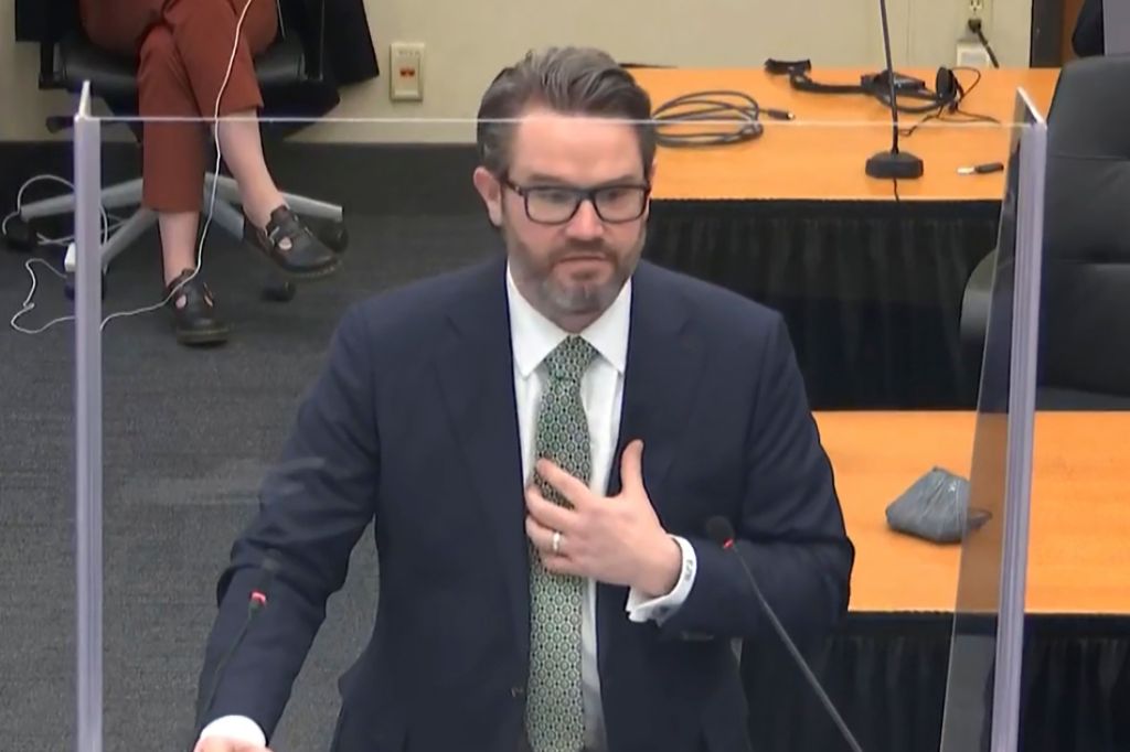 In this image from video, defense attorney Eric Nelson gives closing arguments as Hennepin County Judge PeterÂ Cahill presides Monday, April 19, 2021, in the trial of former Minneapolis police Officer Derek Chauvin at the Hennepin County Courthouse in Min